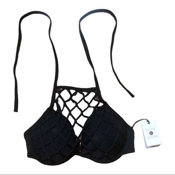 Shade & Shore Black Bikini Top Halter Tie Mesh Like Neckline Size 34C NWT - Picture 4 of 10
